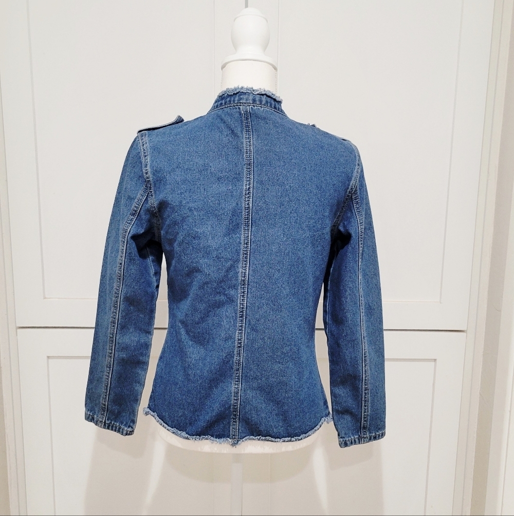 Open Front Denim Military-Style Jacket - Blue | Size Small - Picture 3 of 5